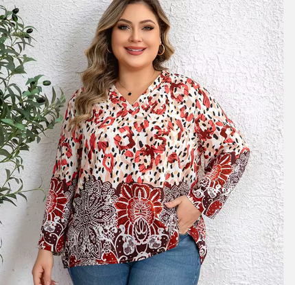 Women's Plus Size Casual Daily Top V-neck Three-quarter Sleeves Loose Fit 2026 Spring New Product Mature Elegant Shirt 1XL-5XL