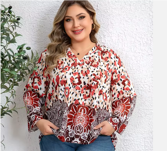 Women's Plus Size Casual Daily Top V-neck Three-quarter Sleeves Loose Fit 2026 Spring New Product Mature Elegant Shirt 1XL-5XL