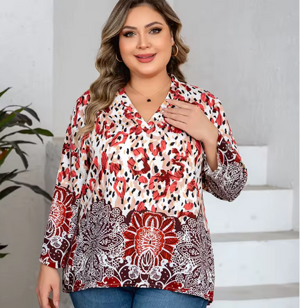 Women's Plus Size Casual Daily Top V-neck Three-quarter Sleeves Loose Fit 2026 Spring New Product Mature Elegant Shirt 1XL-5XL