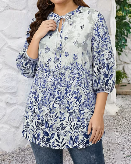Round-neck Lace-up Three-quarter Sleeve Plus-size Blouse Ladies Casual Top In 4 Colors Comfort Loose Fit Mature Elegant style