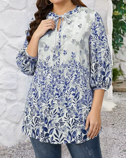 Round-neck Lace-up Three-quarter Sleeve Plus-size Blouse Ladies Casual Top In 4 Colors Comfort Loose Fit Mature Elegant style